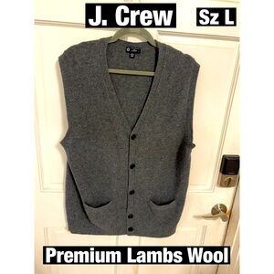 J. Crew Dark Gray Button Down Vest Sz Lg. Premium Lambs Wool